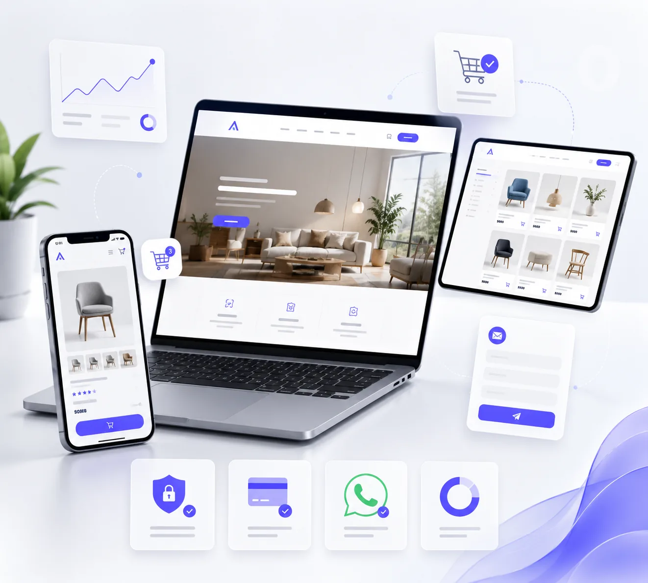 Sitio web y tienda online JOMA mostrados en notebook, celular y tablet con diseño responsivo y catálogo de productos