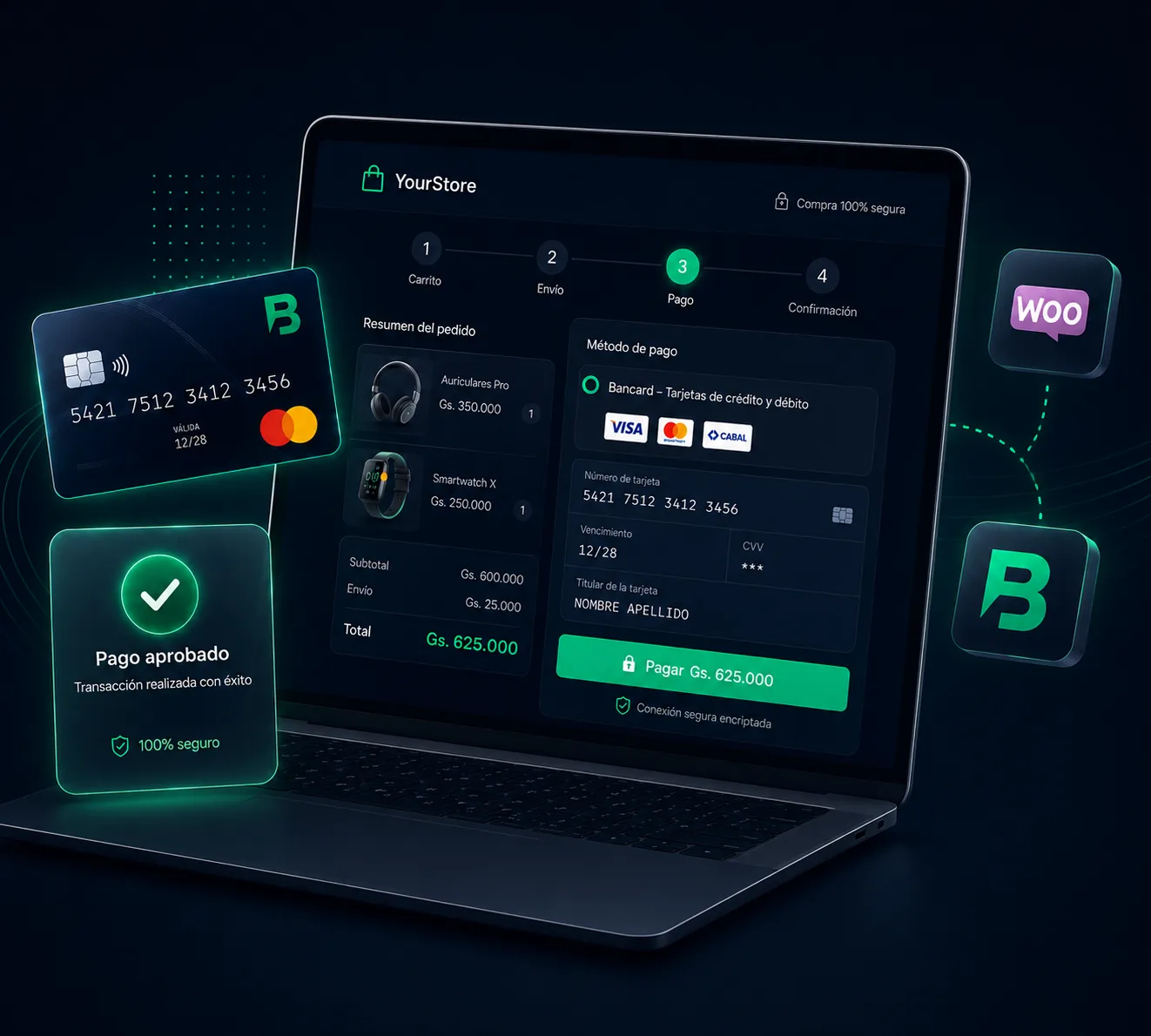 Plugin de pagos Bancard integrado en una tienda online: checkout con tarjeta de crédito y débito y confirmación de pago aprobado